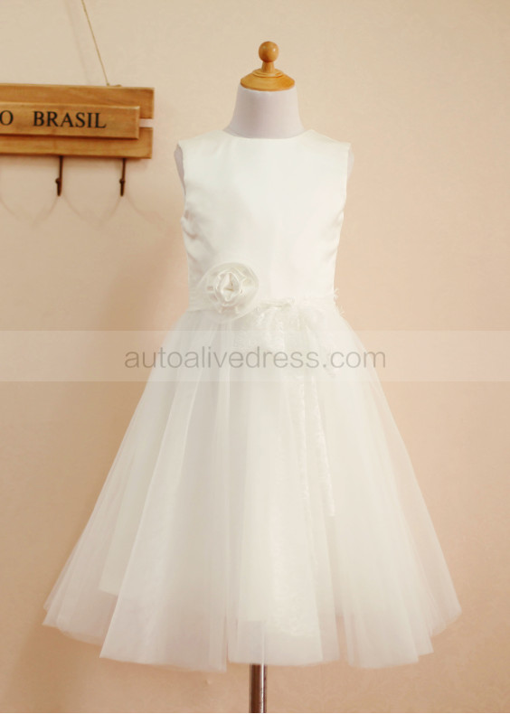 Ivory Satin Tulle Lace Sash Knee Length Flower Girl Dress